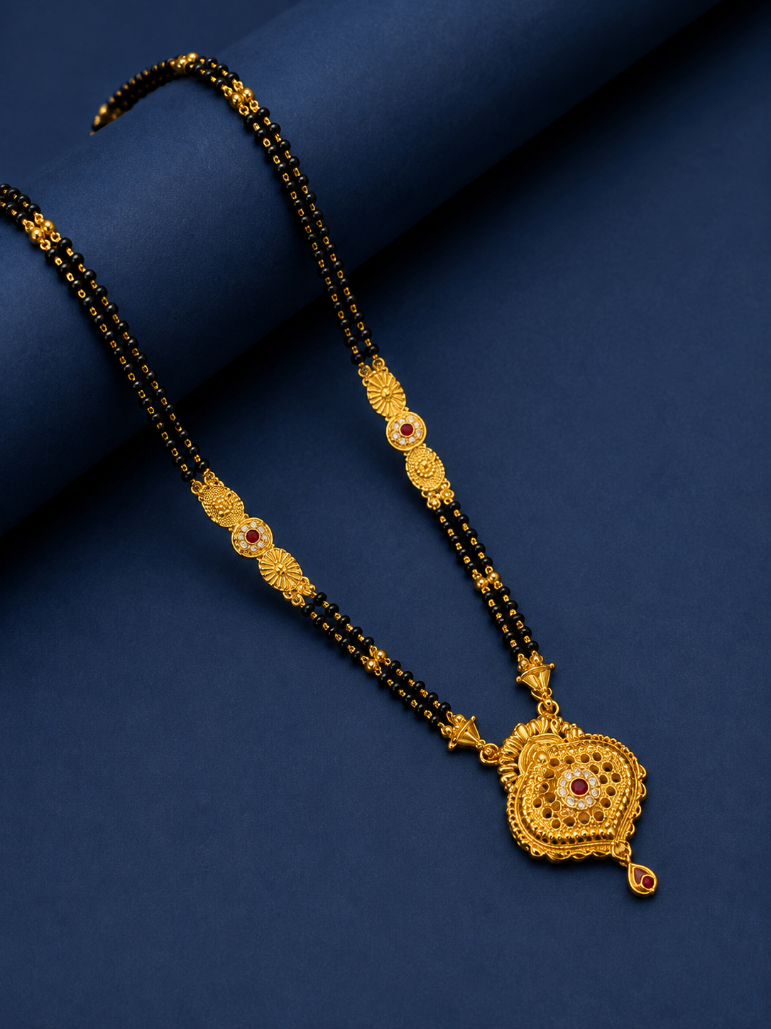 Traditional Black Bead Mangalsutra Necklace with Designer Round Pendant for Women