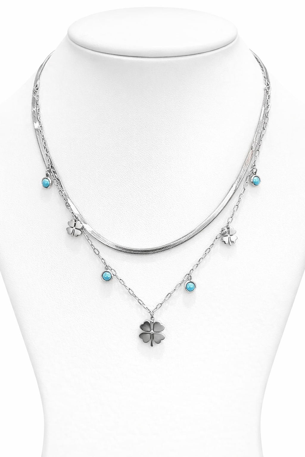 Elegant Silver Clover Charm Layered Necklace