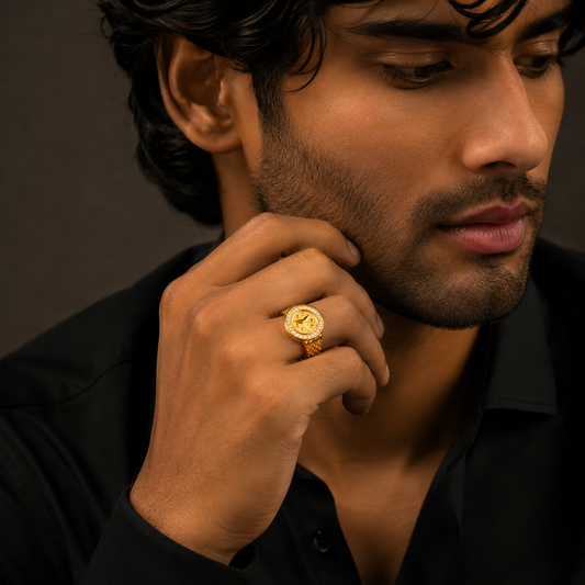 Elegant Crystal CZ Round Emblem Ring for Men