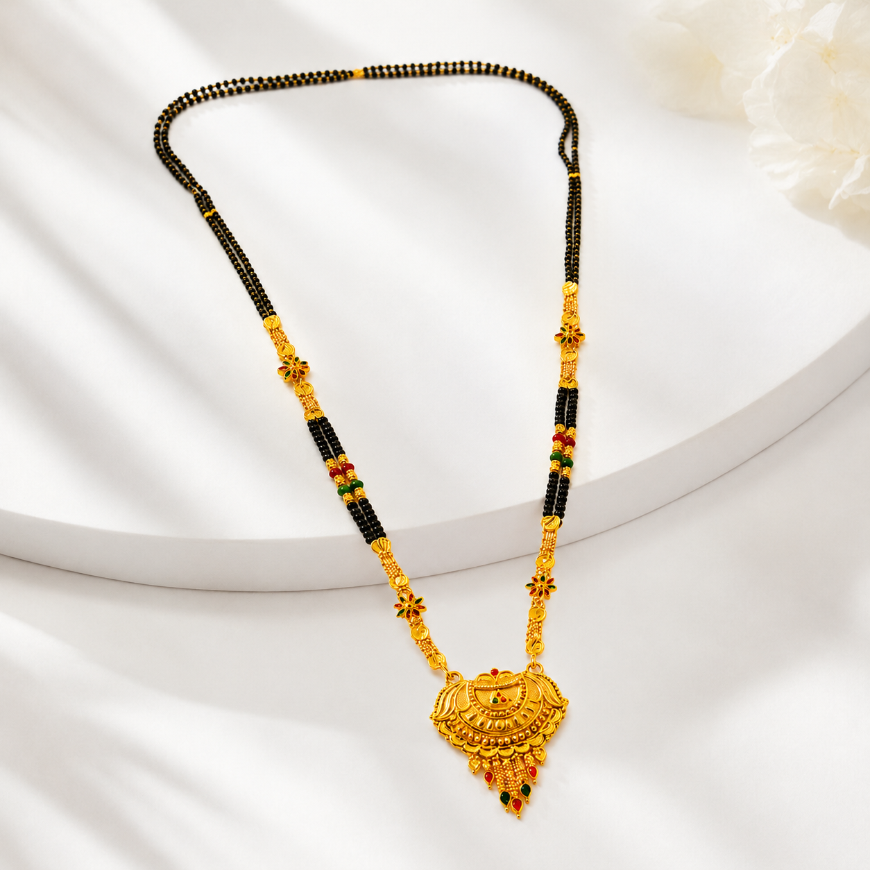 Traditional Black Bead Mangalsutra with Ornamental Heritage Pendant