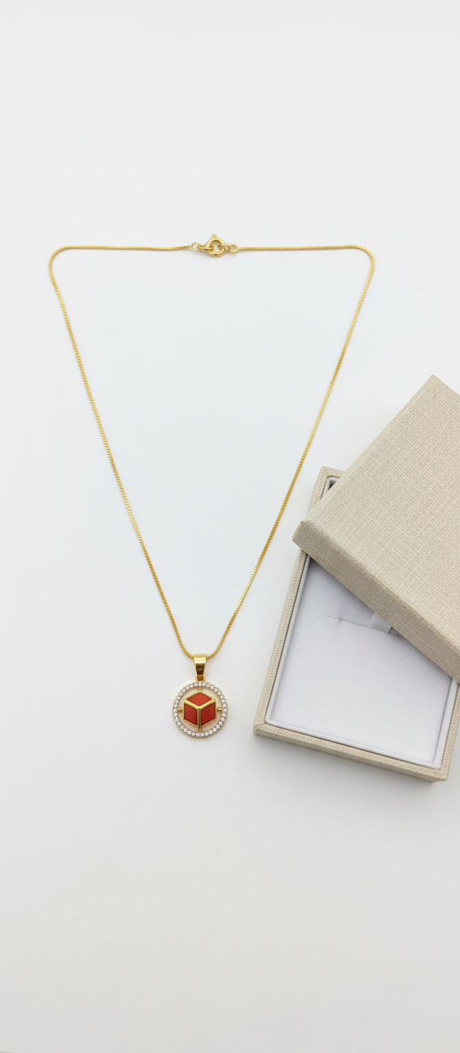 NuGold Red Stone Cube Pendant Necklace