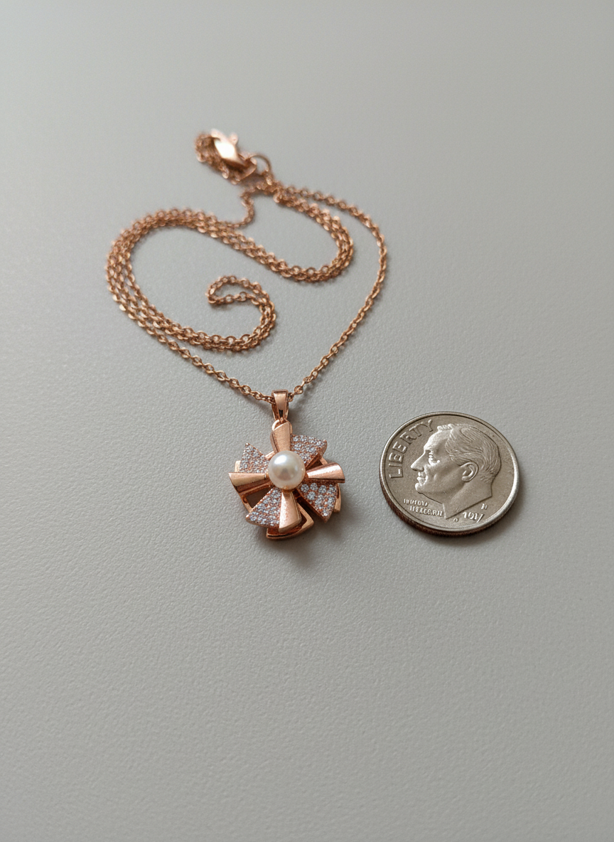 Elegant Rose Gold Pearl Spinner Pendant Necklace