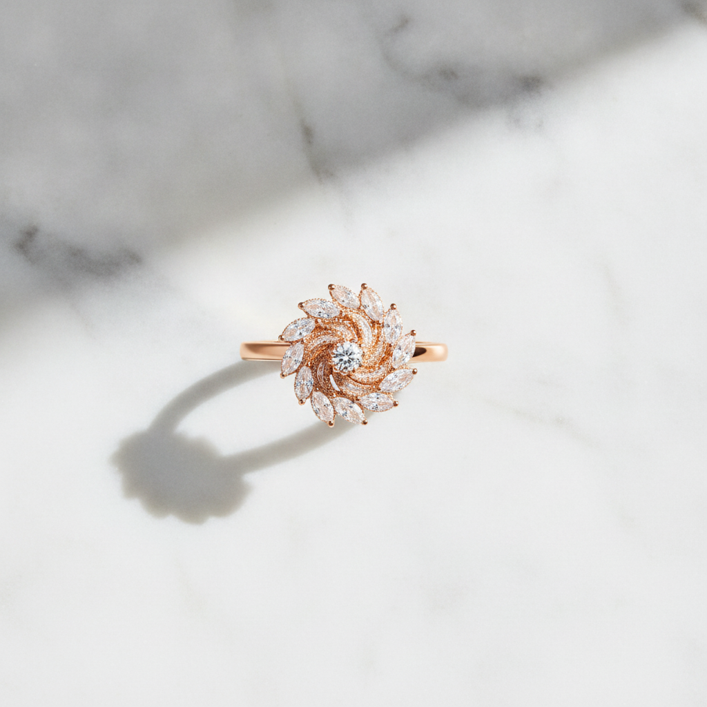 NUGOLD 360° Rotating Crystal Flower Ring for Women