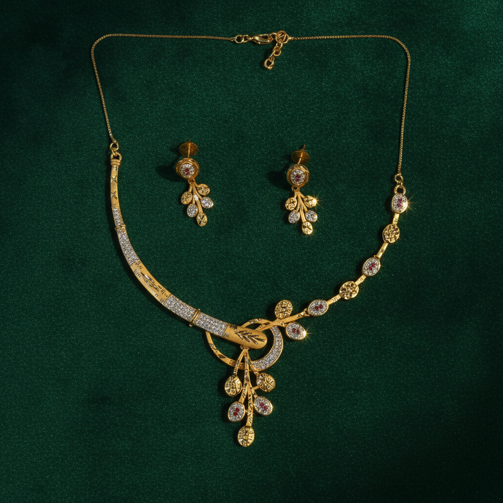 NUGOLD Premium Leaf Vine Crystal Necklace Set for Women