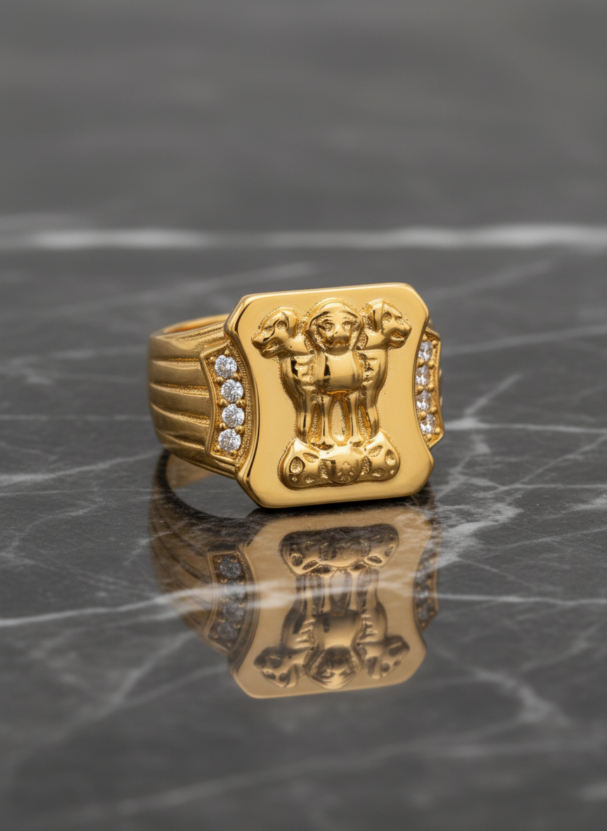 NuGold Royal Ashoka Lion Emblem Gold Signet Ring for Men