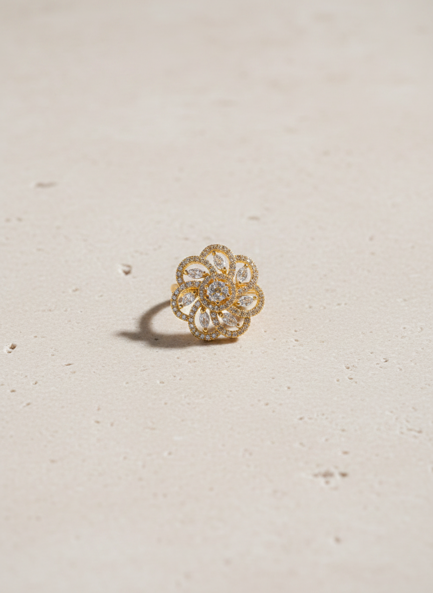 NuGold Luxury Floral Halo Diamond Statement Ring for Women