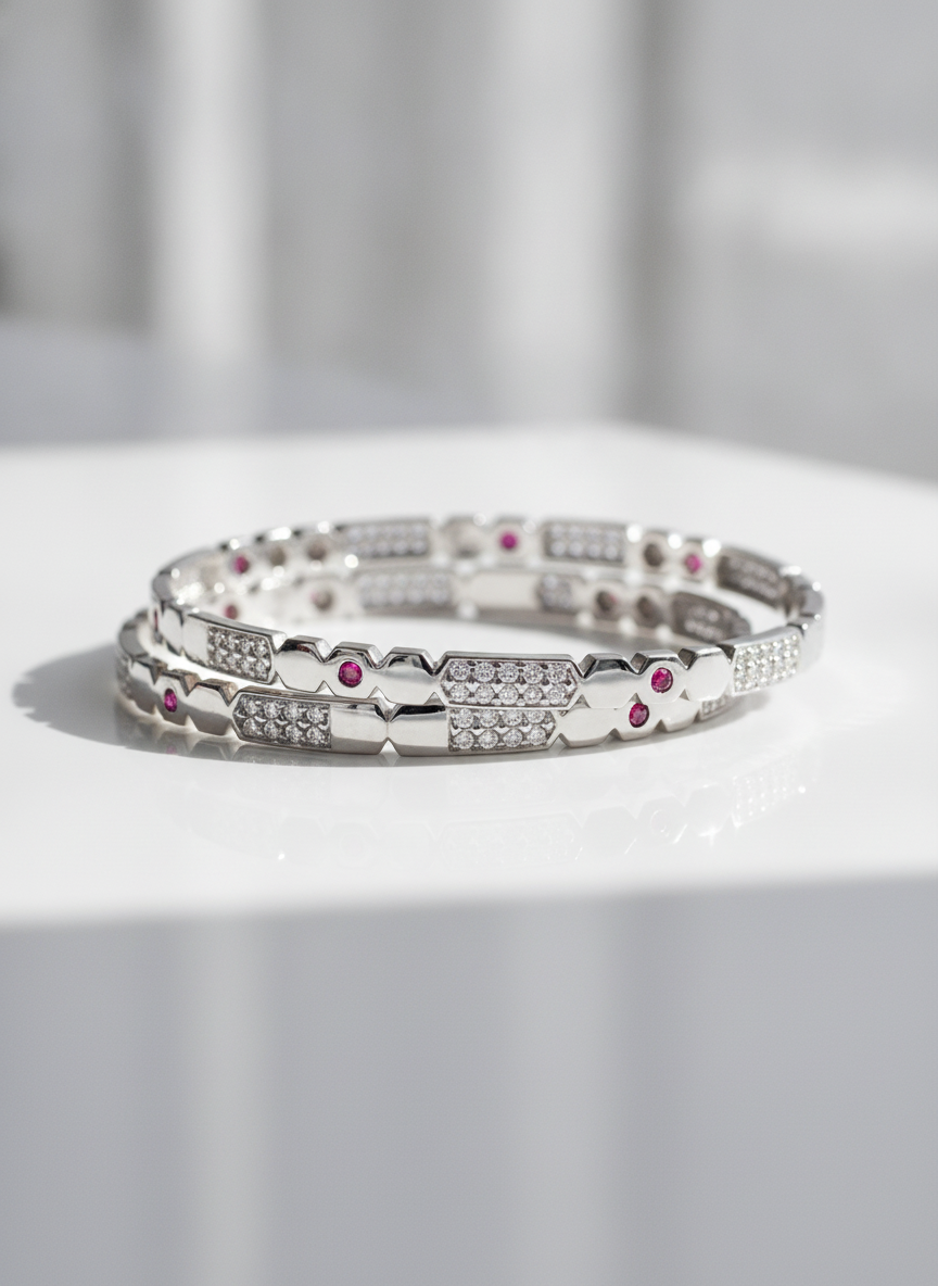 925 Silver Geometric Ruby & Cubic Zirconia Bangles