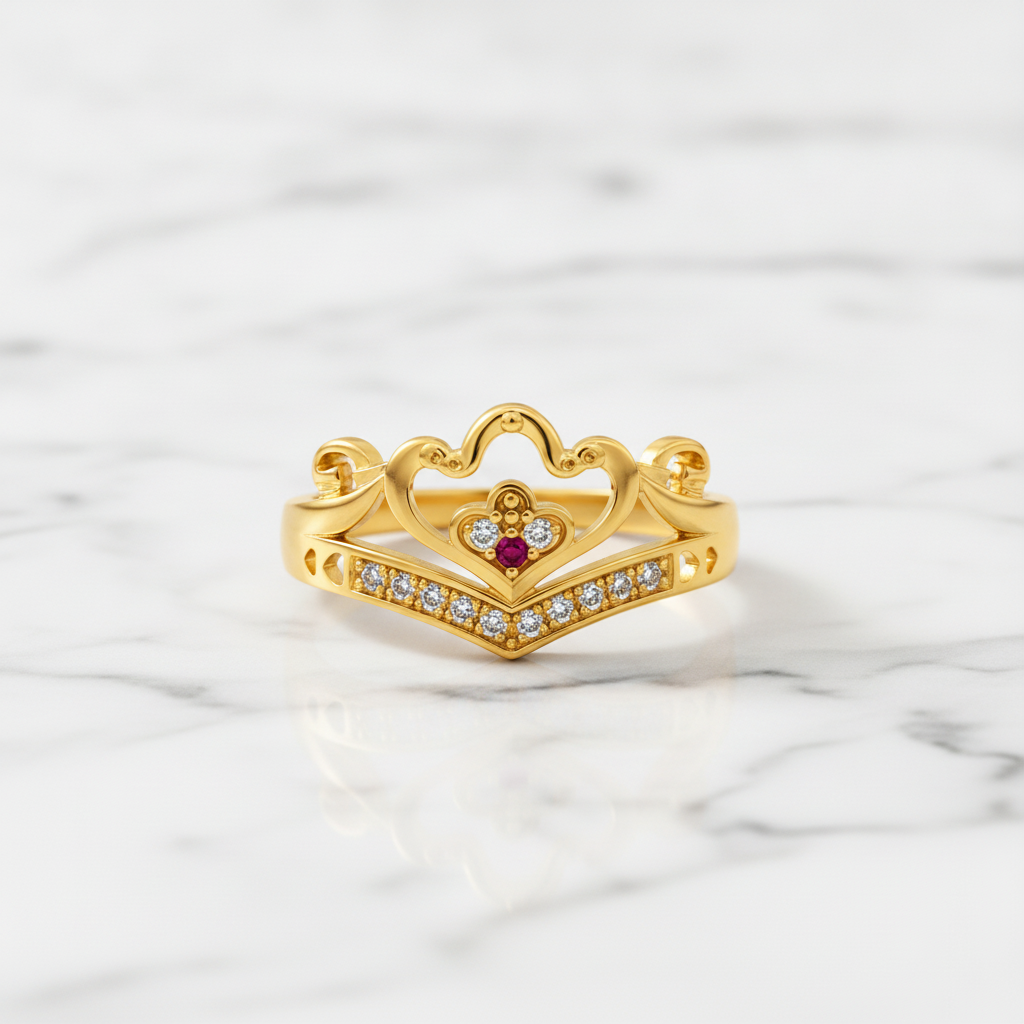 Royal Ruby Heart Crown CZ Statement Ring