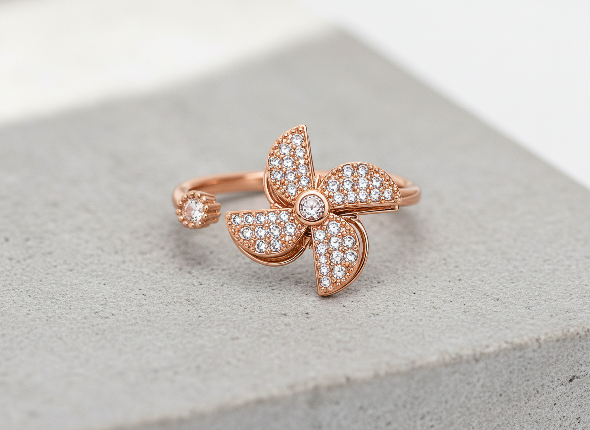Rose Gold Floral CZ Adjustable Ring for Women