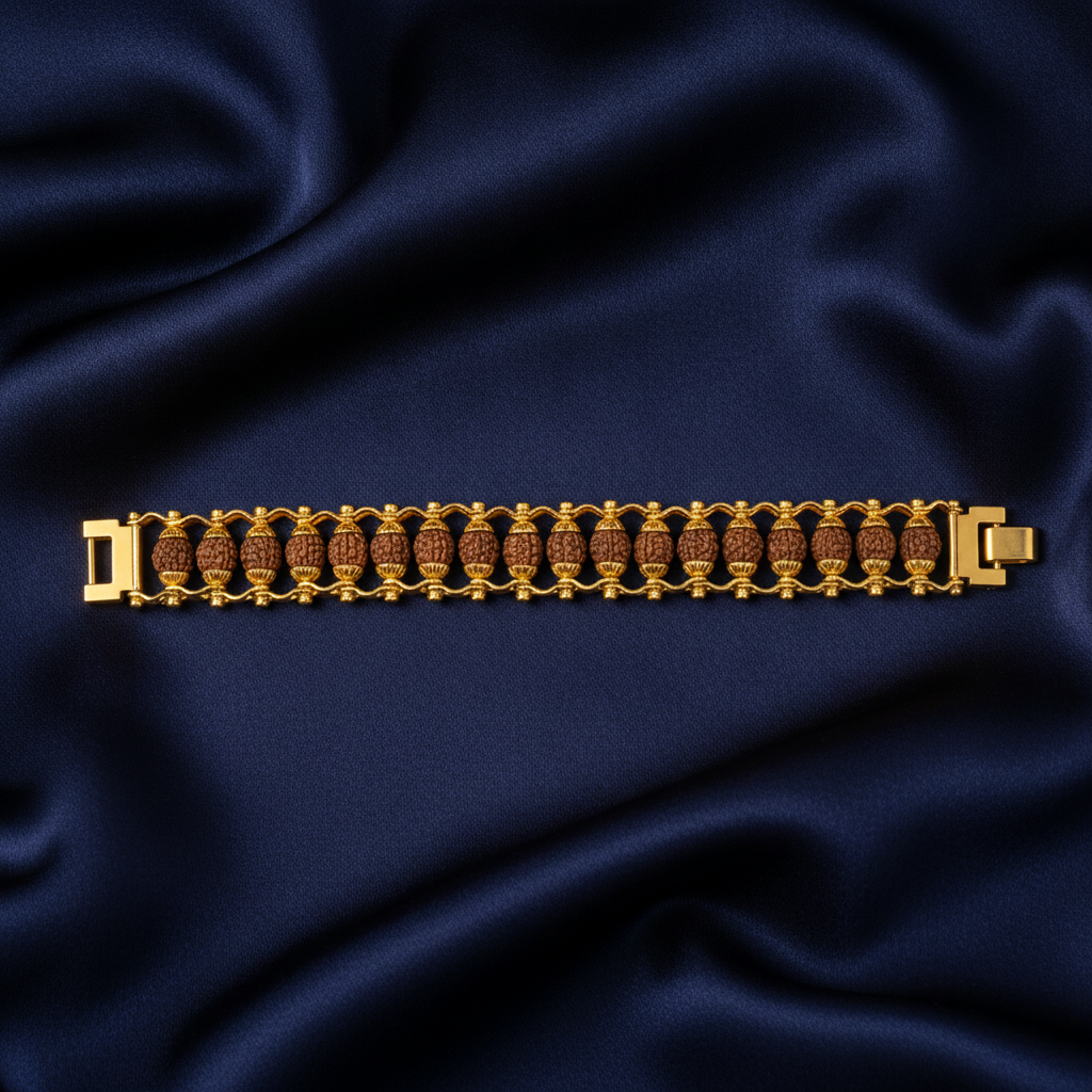 Premium Rudraksha Beaded Gold Bracelet with Dual Chain Design