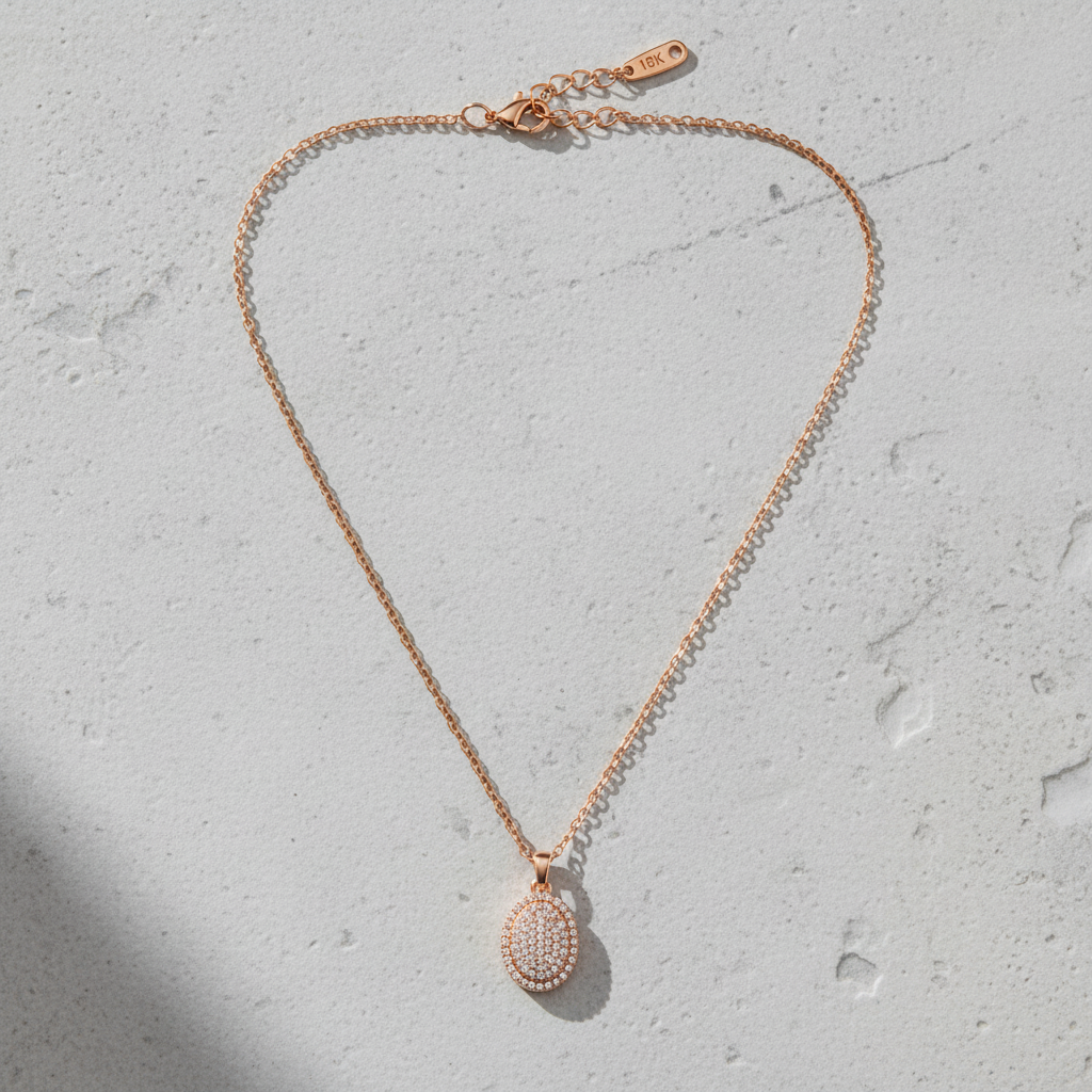 Rose Gold Crystal Halo Oval Pendant Necklace for Women
