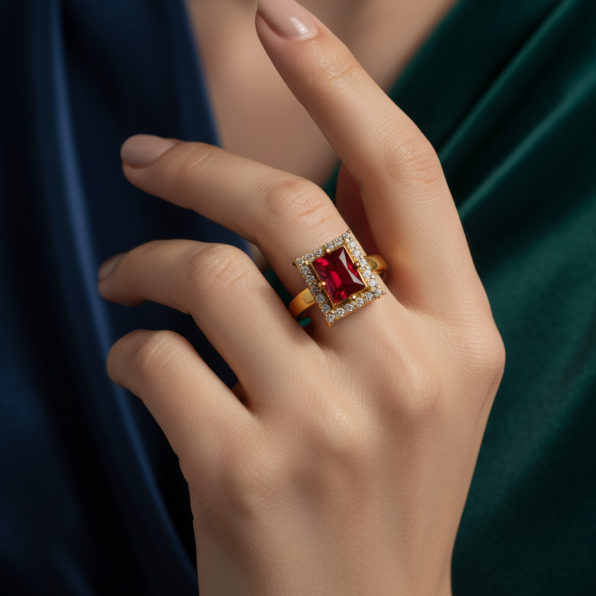 NuGold Ruby Royale Halo Ring