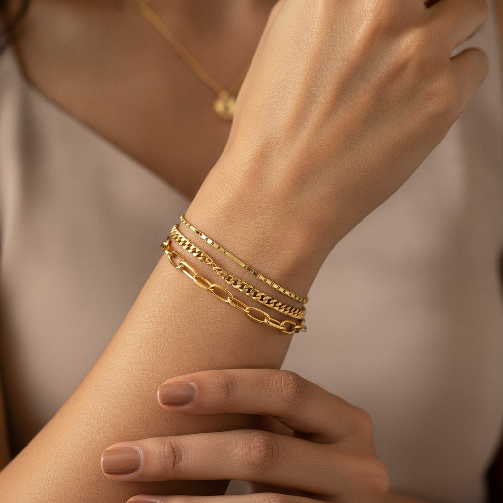 Luxury Triple Layer Mixed Link Chain Bracelet for Women & Girls
