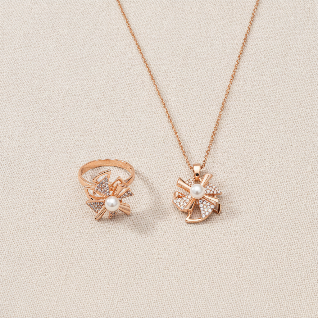 Elegant Rose Gold Pinwheel Pearl & CZ Pendant Necklace with Matching Ring Combo Set for Women