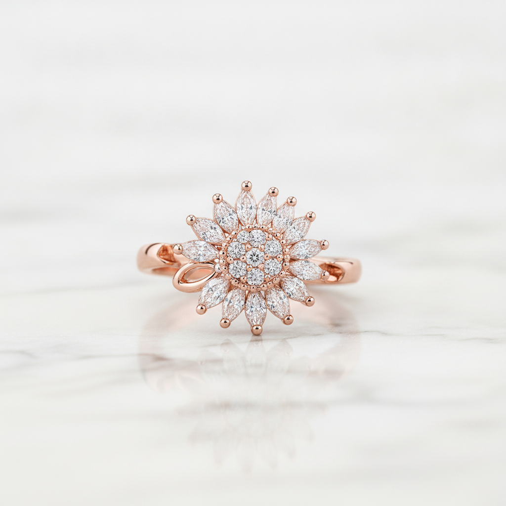 Rose Gold Crystal Floral 360° Rotating Spinner Ring