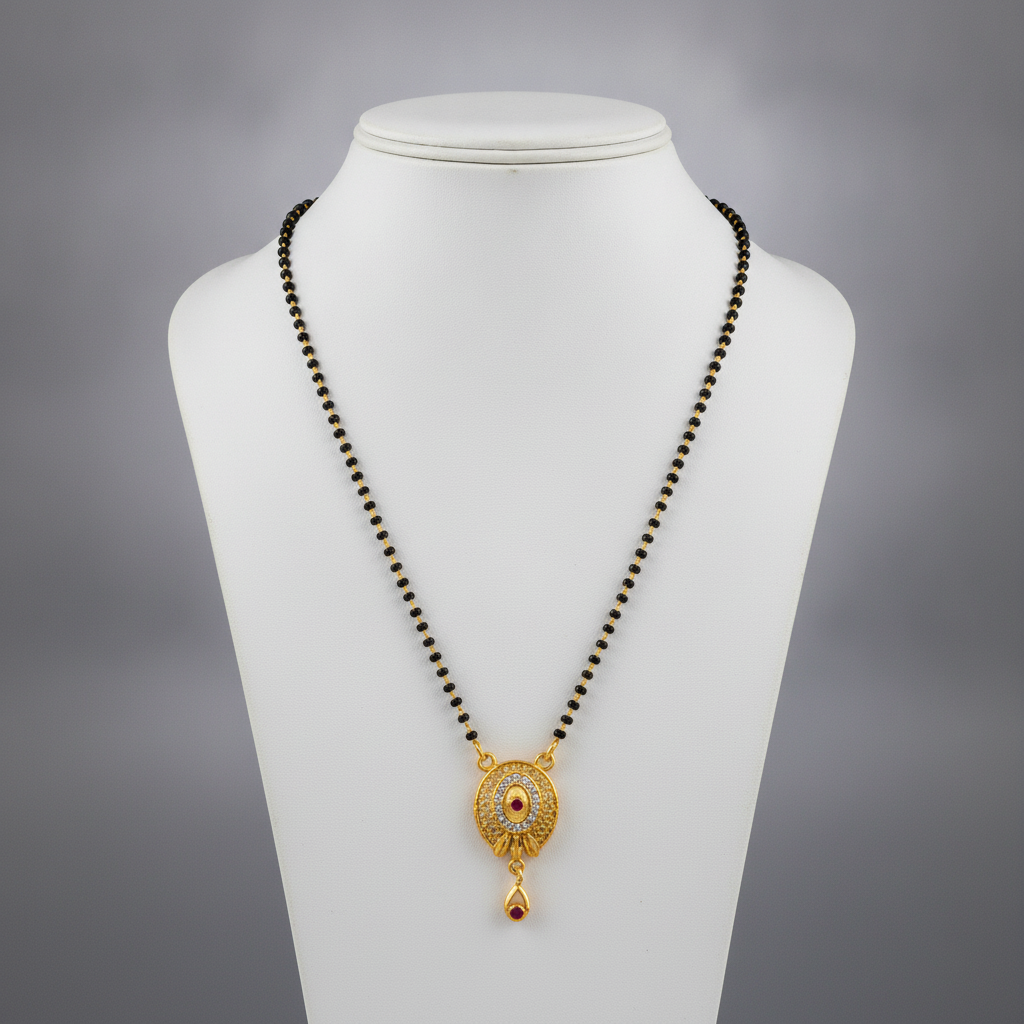 NUGOLD Antique Style Black Bead Mangalsutra with CZ & Ruby Pendant