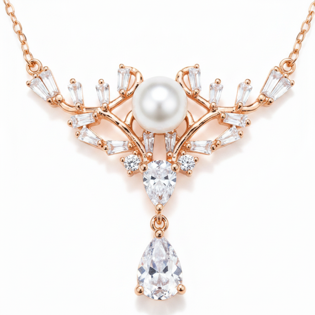 Elegant Pearl Crown Pendant Necklace in Rose Gold