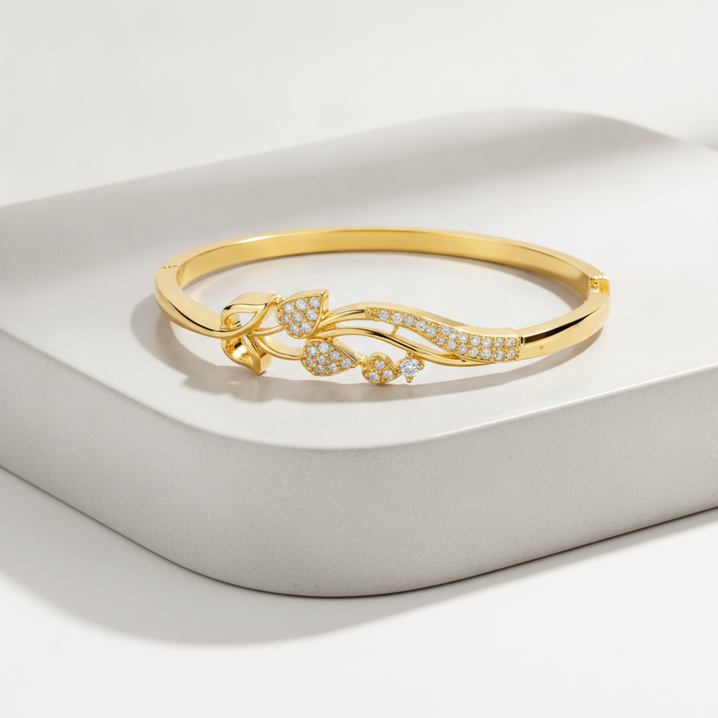 Luxury Floral Leaf CZ Open Bracelet For Women & Girl