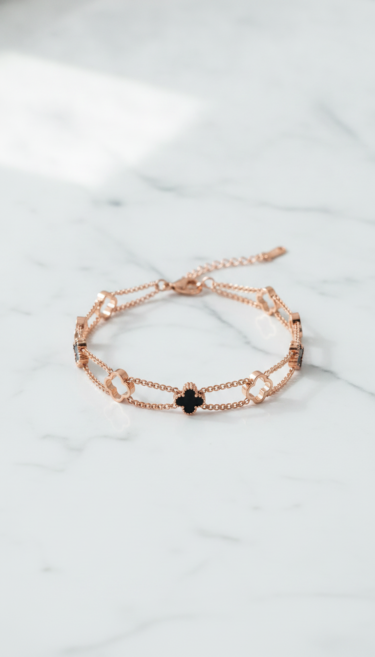 Rose Gold Double Layer Black Clover Bracelet for Women