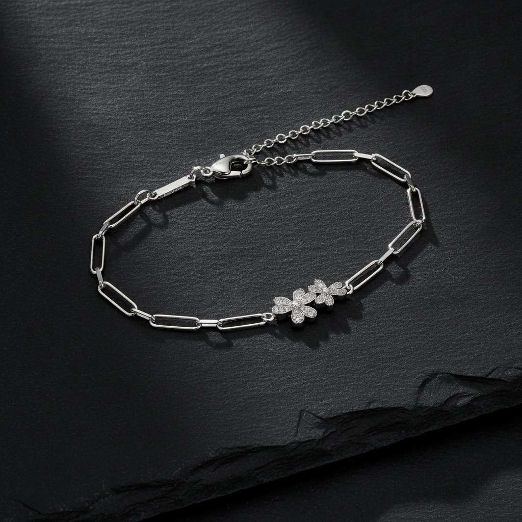 Elegant Twin Daisy Cubic Zirconia 925 Sterling Silver Bracelet for Women & Girls
