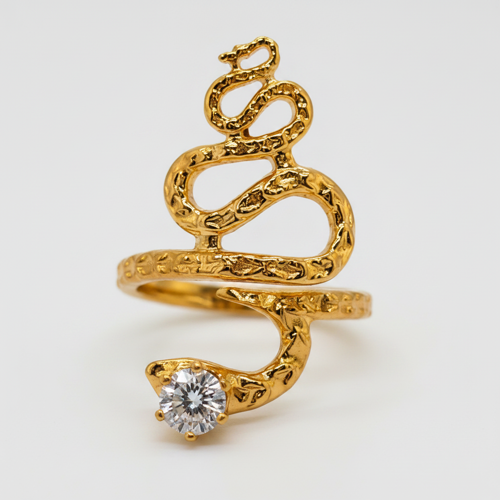 Designer Anti-Tarnish Serpent Coil Ring with CZ Stone