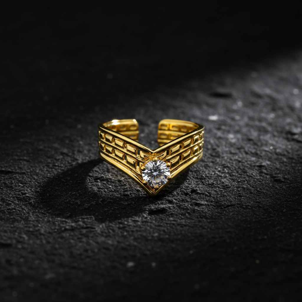 Elegant Structured Anti-Tarnish V-Shape Ring with CZ Stone
