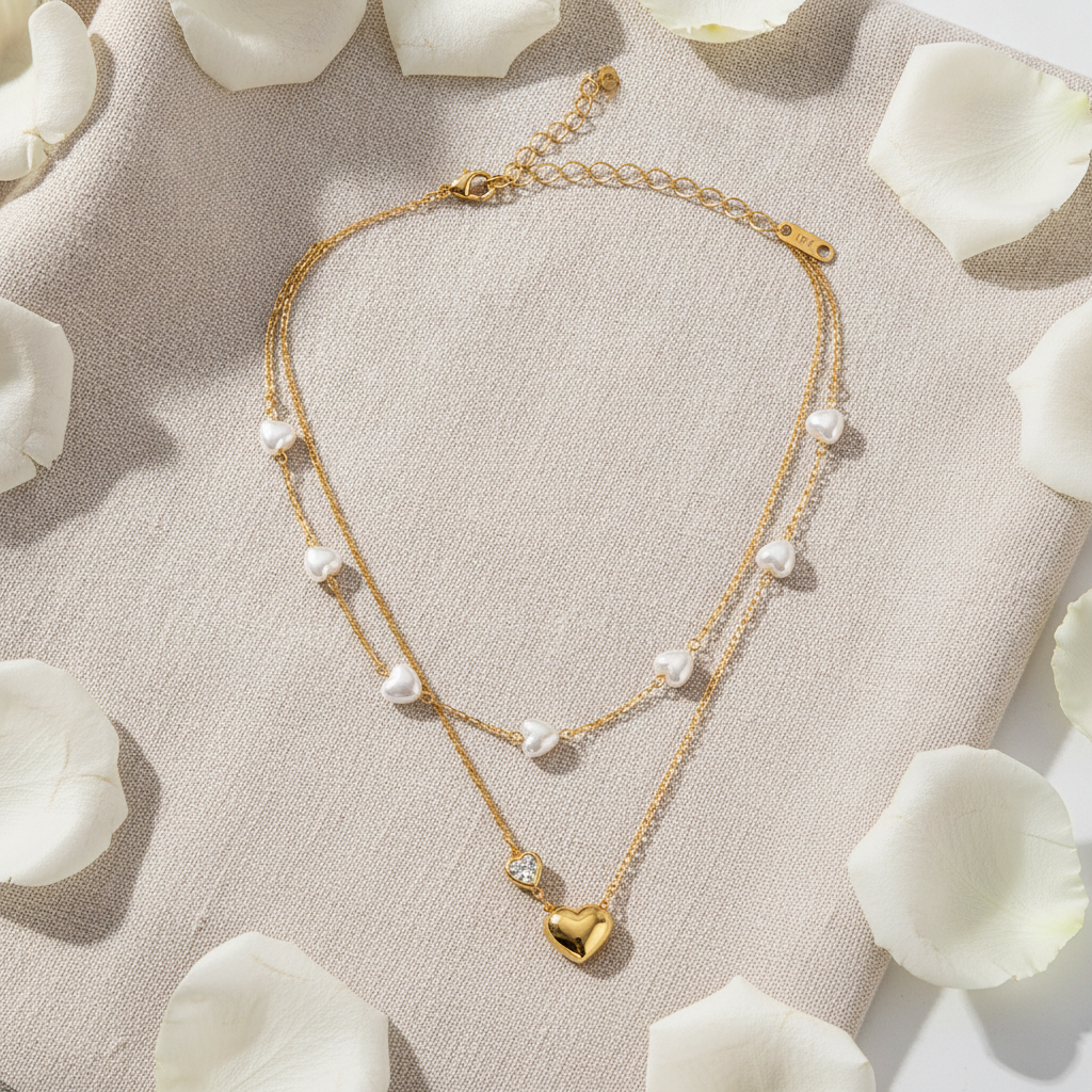 Golden Heart & Pearl Double Layer Necklace for Women