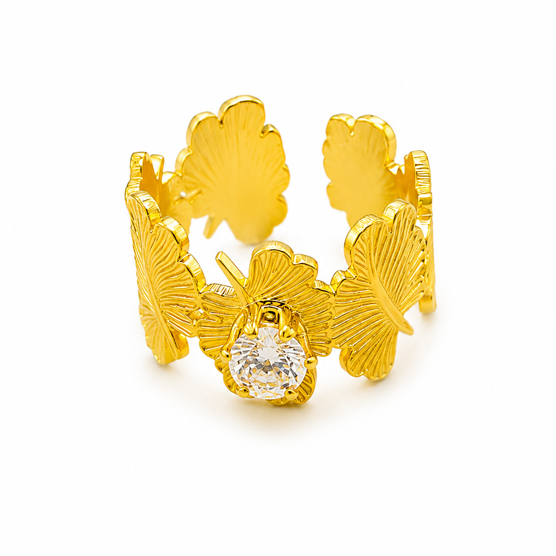 NUGOLD Leaf Adjustable Ring with Solitaire CZ Stone