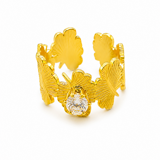 NUGOLD Leaf Adjustable Ring with Solitaire CZ Stone