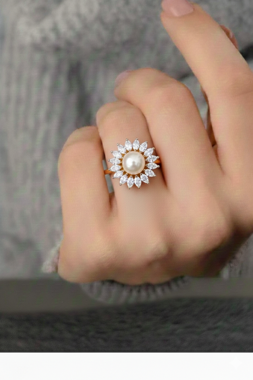 NuGold Pearl Flower Ring For Women
