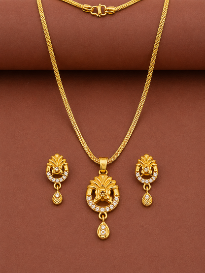 Elegant Floral CZ Pendant Necklace & Earrings Set for Women