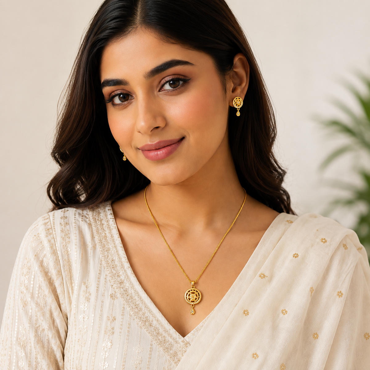 Elegant Circular Floral Pendant Necklace & Matching Earrings Set for Women