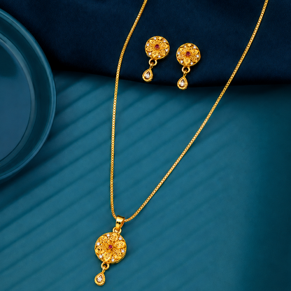 Elegant Floral Round Pendant Necklace & Matching Drop Earrings Set for Women