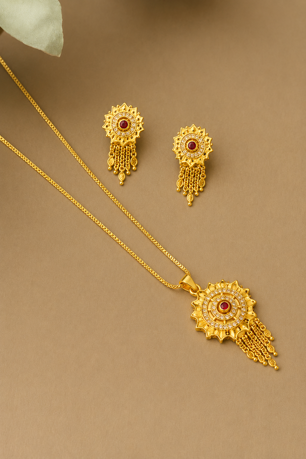 Traditional Ruby CZ Sunburst Pendant Necklace Set with Tassel Earrings for Women