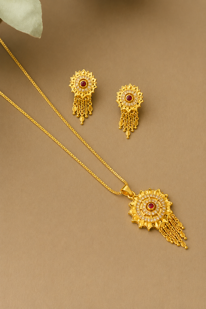 Traditional Ruby CZ Sunburst Pendant Necklace Set with Tassel Earrings for Women