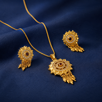 Traditional Ruby CZ Sunburst Pendant Necklace Set with Tassel Earrings for Women