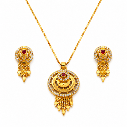 Royal Ruby CZ Circular Tassel Pendant Necklace Set with Matching Earrings for Women