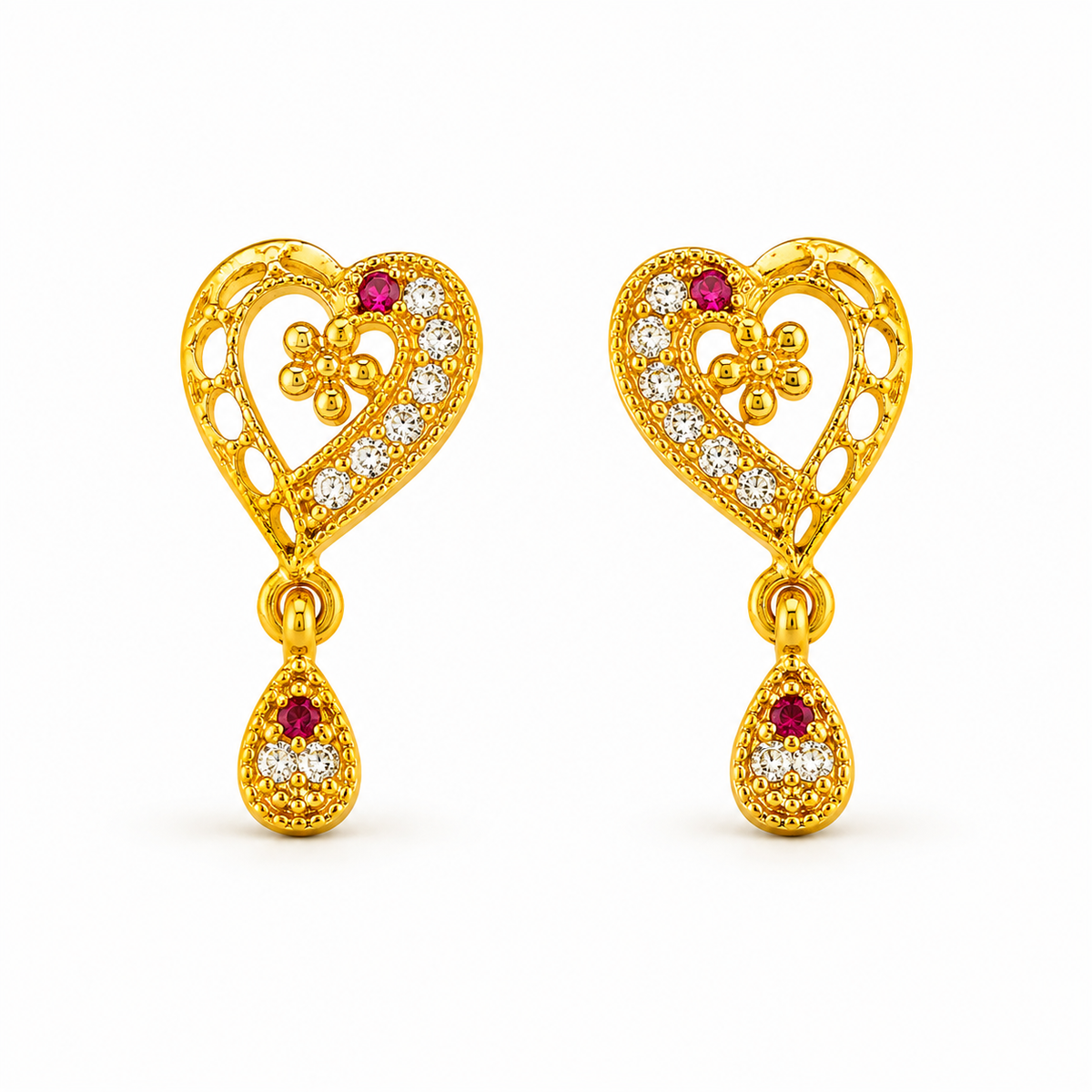 Intricate Lattice-Frame Love Motif Earrings with Teardrop Droplets