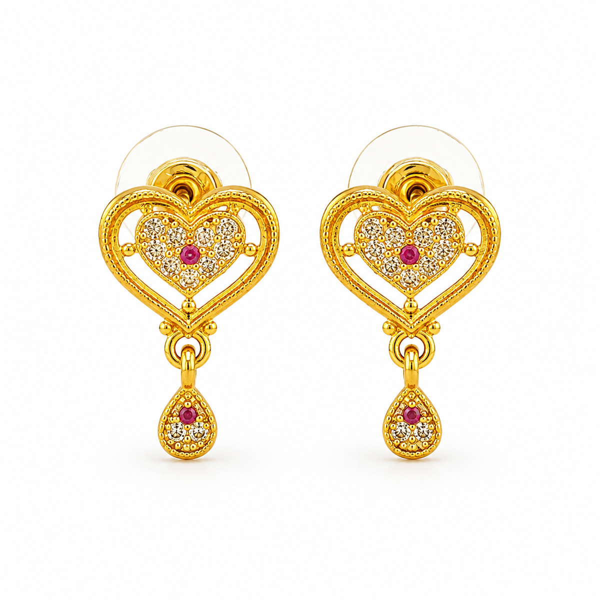 Radiant Imperial Ruby-Tinted Halo Heart Drops Earring