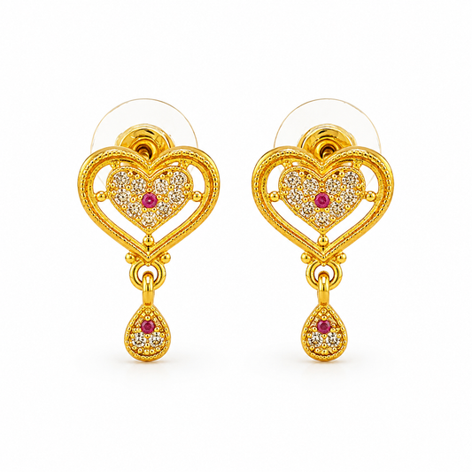 Radiant Imperial Ruby-Tinted Halo Heart Drops Earring