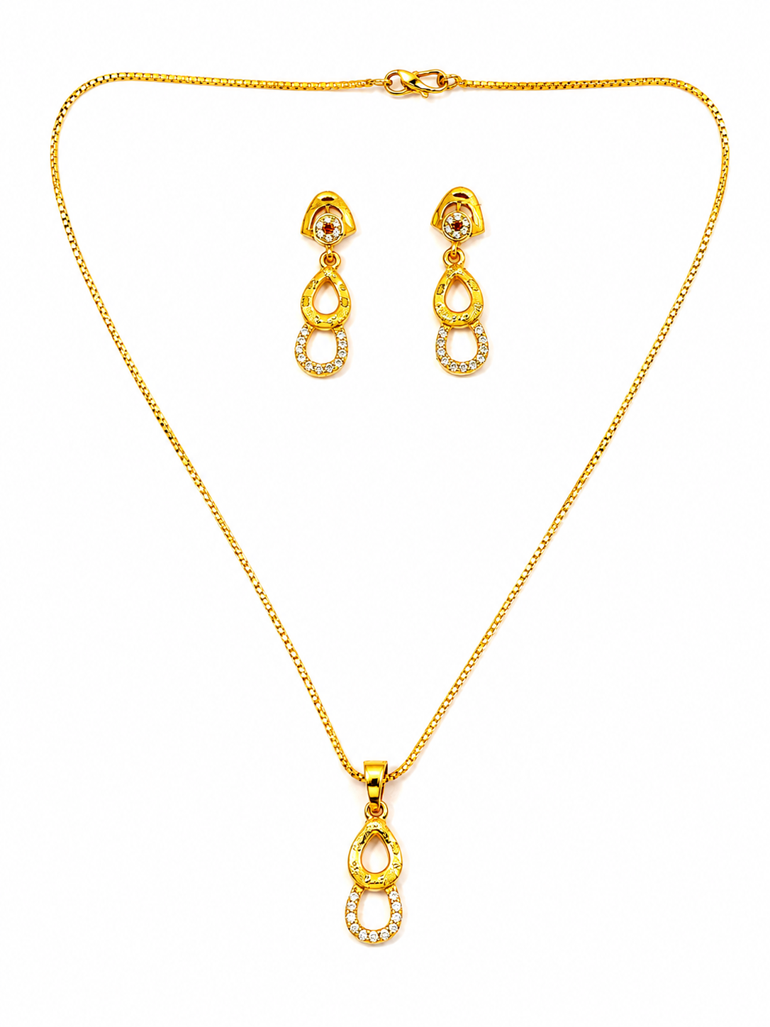 Elegant Double Teardrop CZ Pendant Necklace Set with Matching Drop Earrings for Women