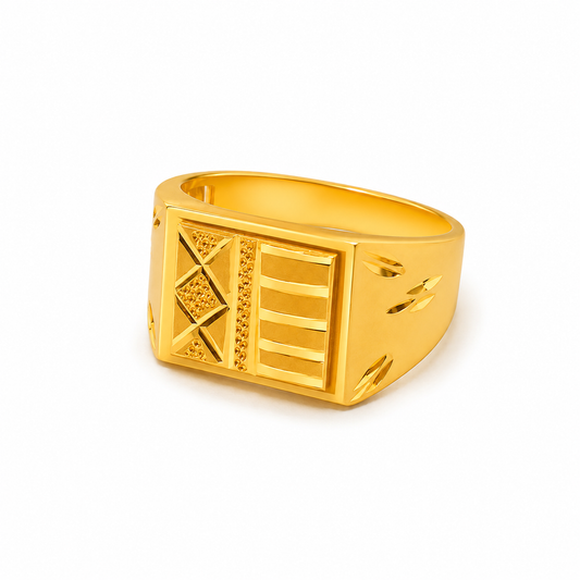 A gold signet ring with a rectangular face featuring geometric and horizontal bar engravings, set against a plain white background.