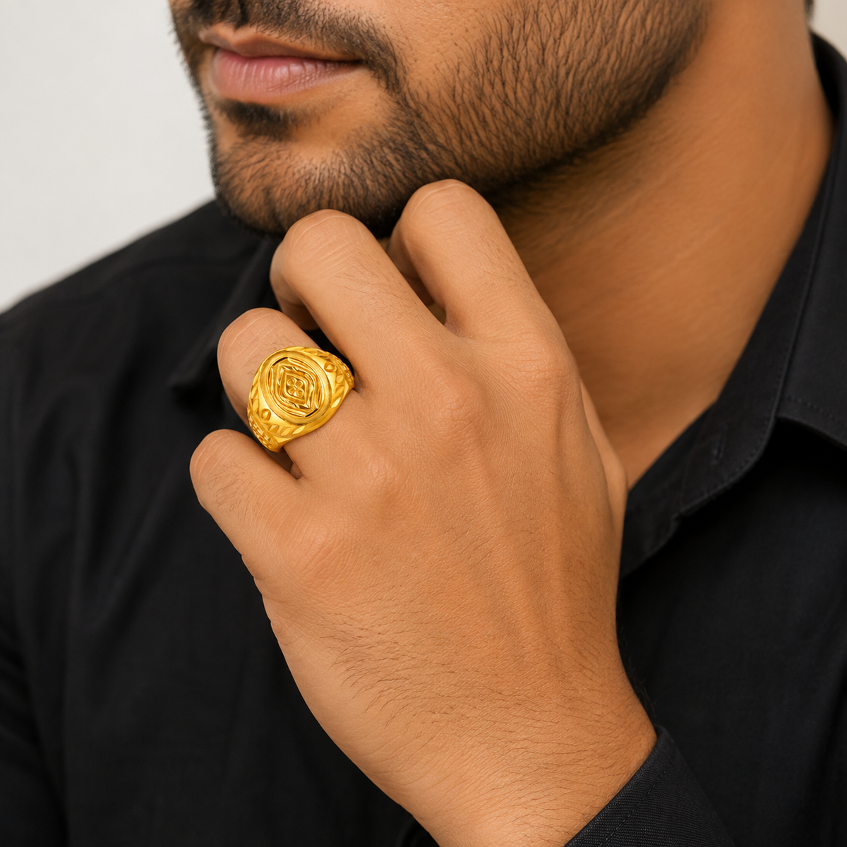 Royal Crest Leaf Engraved Statement Ring for Men