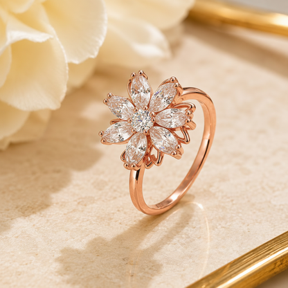 Luxury 360° Rotating Floral Blossom Adjustable Ring with Sparkling CZ