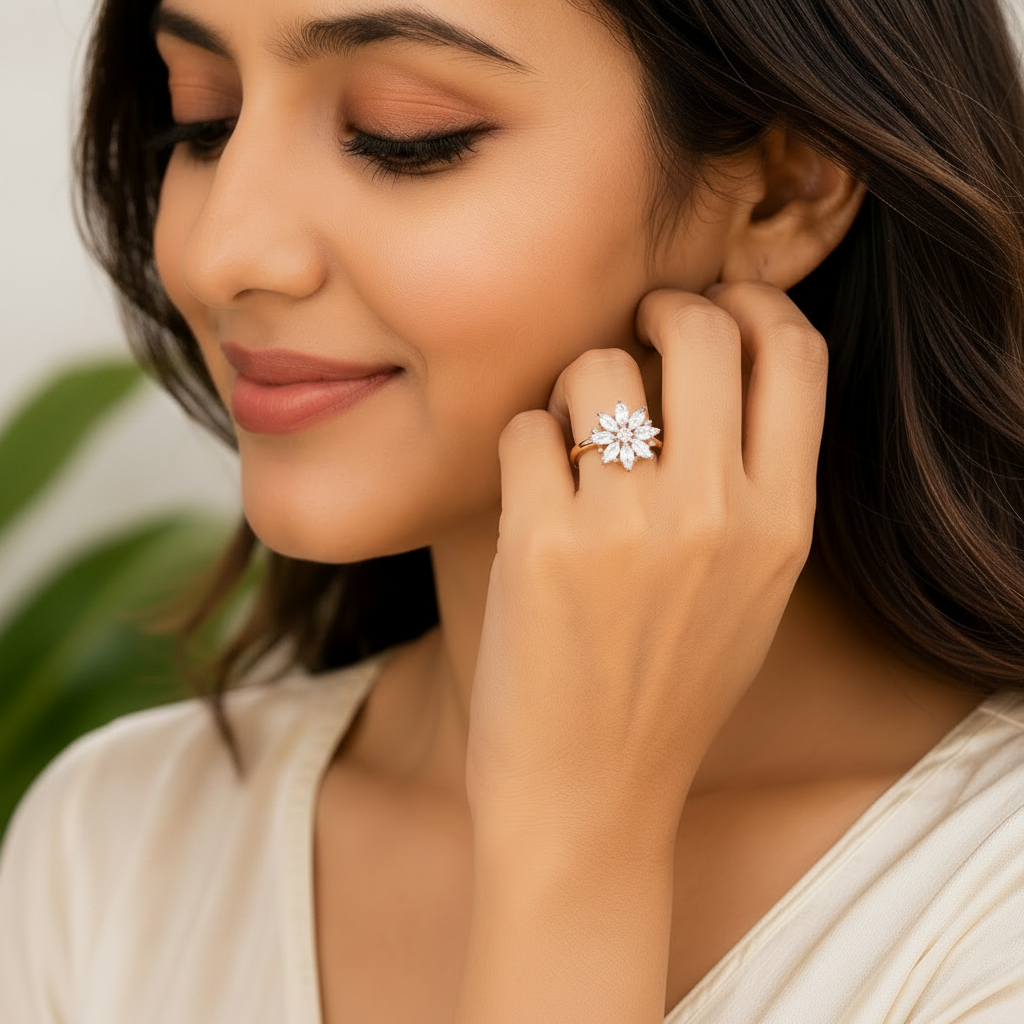 A woman wearing a gold ring with a clear crystal floral cluster, shown in a close-up lifestyle shot.