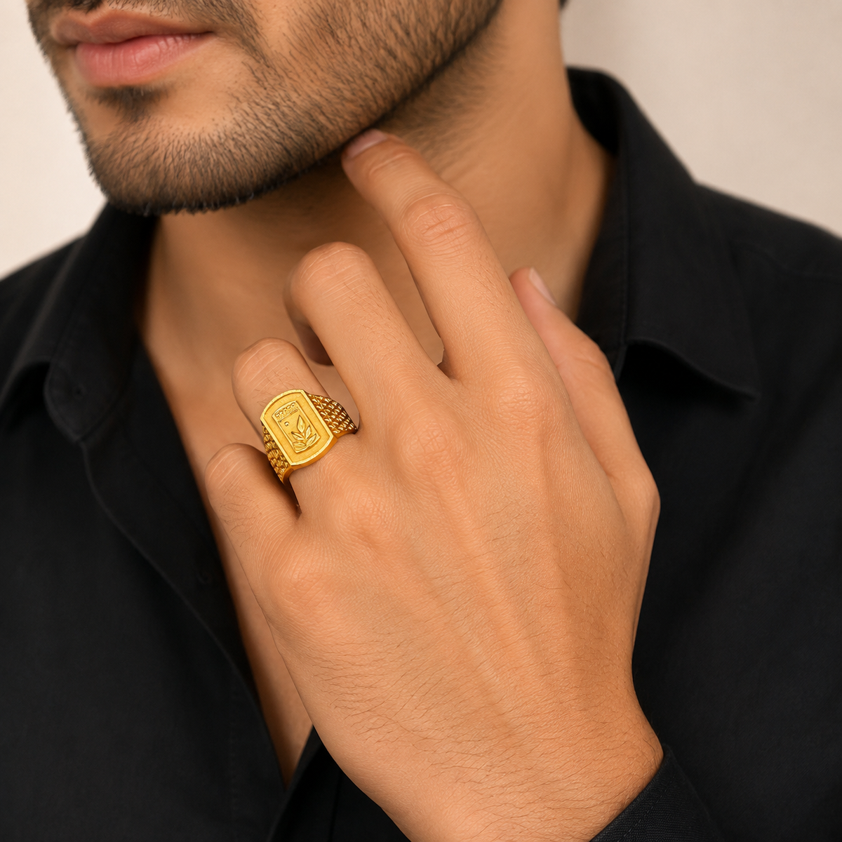 Classic Leaf Motif Textured Statement Ring for Men