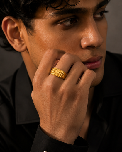 Royal Crest Botanical Pattern Statement Ring for Men