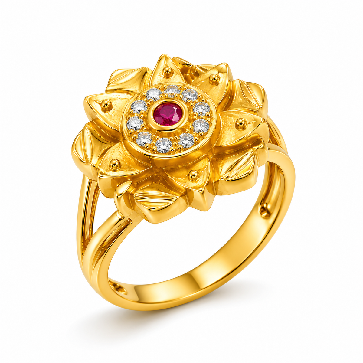 Royal Lotus Ruby & Crystal Statement Ring For Women