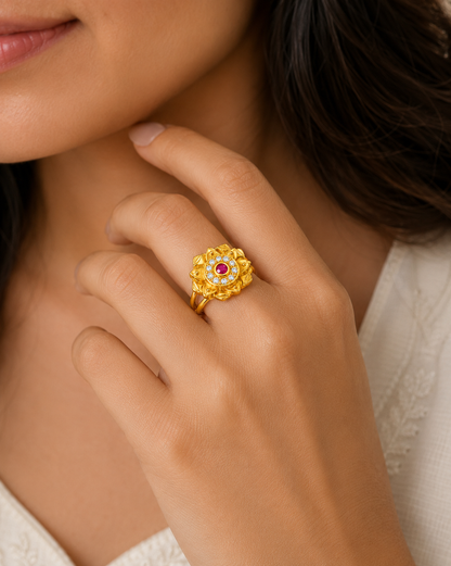Royal Lotus Ruby & Crystal Statement Ring For Women