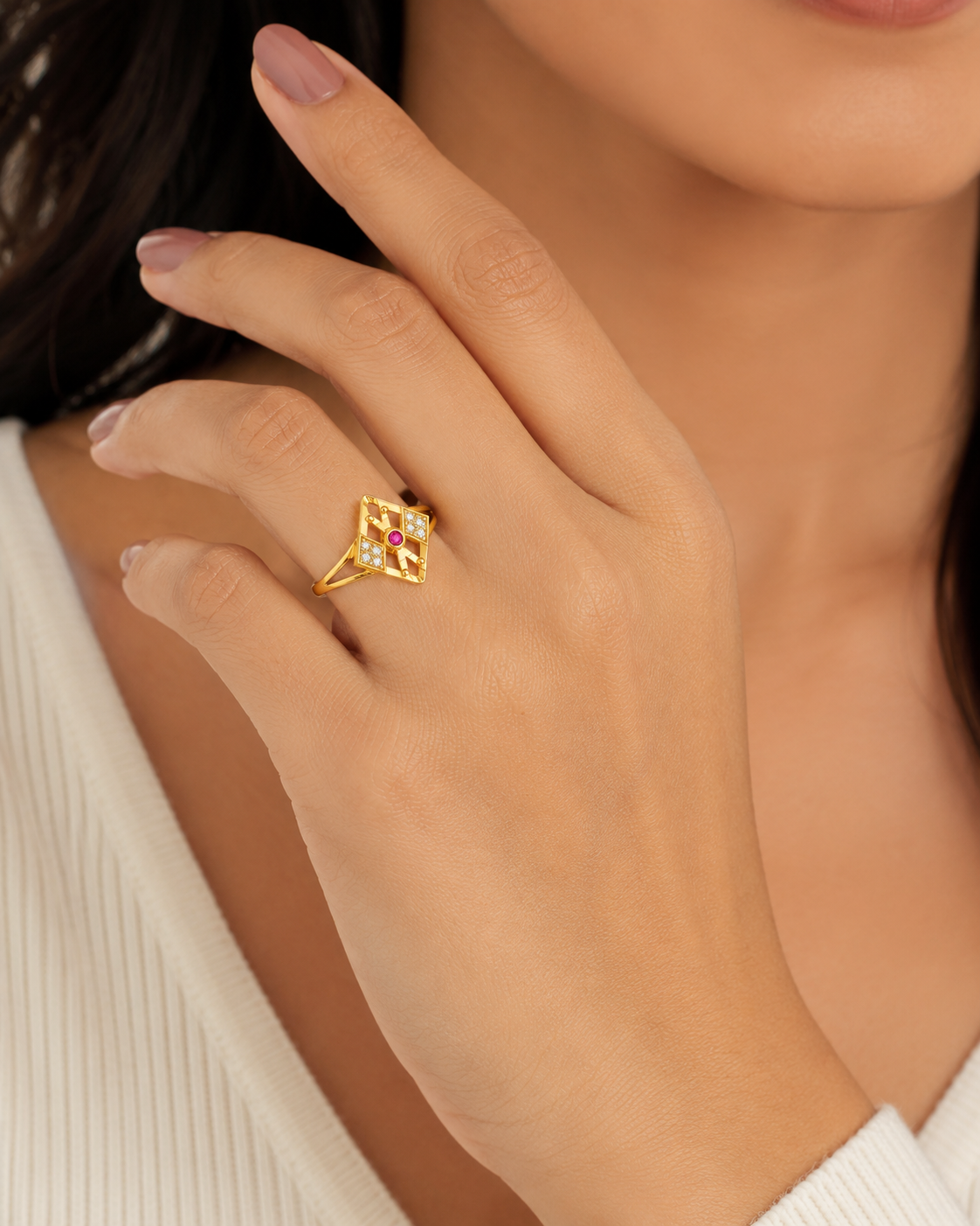 Regal Ruby Diamond Crest Statement Ring for Women